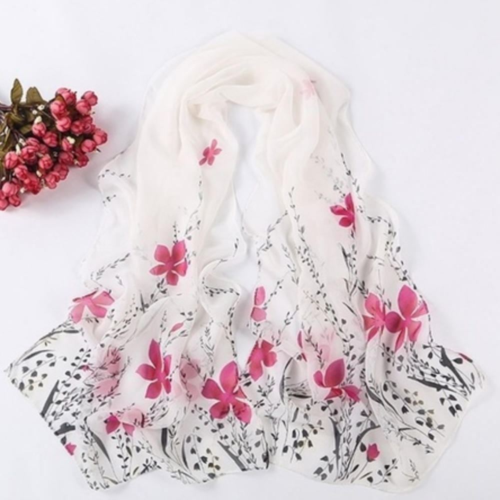 White Chiffon Pink Floral Wrap Scarf Shawl - Picture 1 of 6